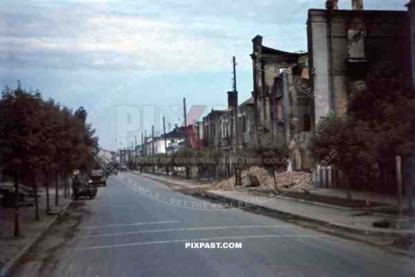 14th Panzer Division enters Riwne in Ukraine 1941. Soborna Street, Left is Riwne Cathedral