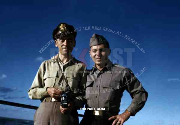 2 American air force captains with Cine Kodak Eight Model 60 8mm home movie camera, Tripoli Libya 1945