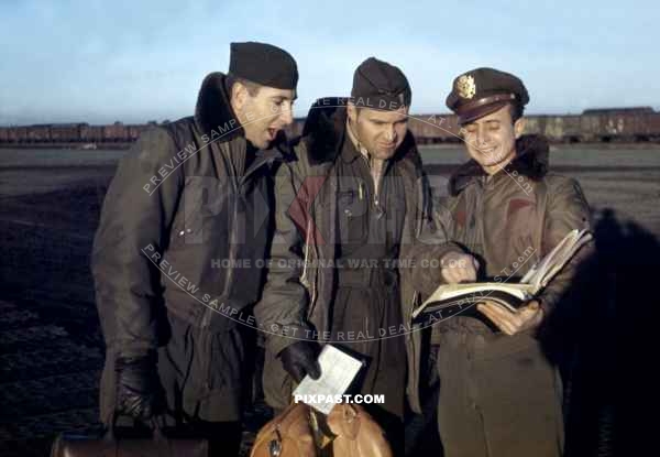 3 American USSAF pilots joking after a flight delivering food and coal to blockaded Berlin.  Fliegerhorst Fassberg June 1948