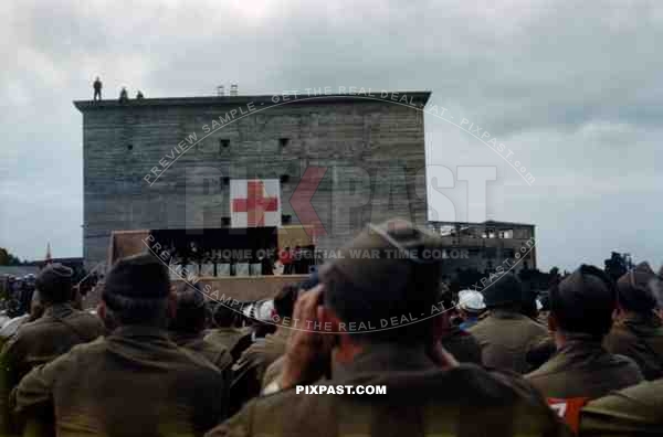 American comedian Bob Hope doing USO show for American soldiers in front of German Troop Bunker Bremerhaven 1945