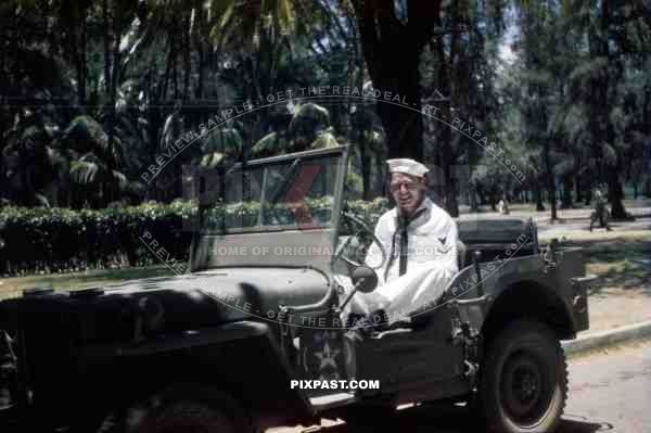American Navy sailor in Willys jeep. 65th Engineer Battalion. Schofield Barracks. Pearl Harbor Hawaii 1941