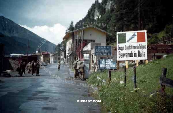 American soldiers inspect road block on Brenner Pass border between Austria and Italy 1945