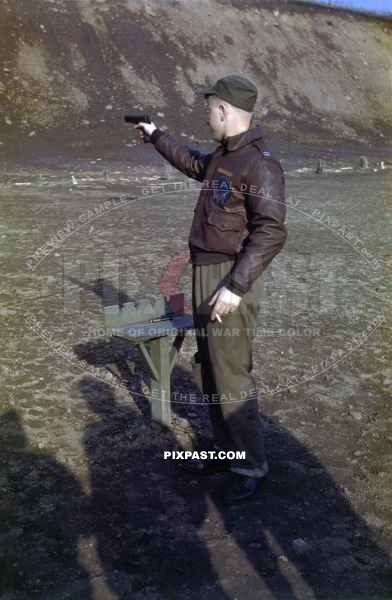 Butch Gleeson of the 322d Bombardment Group Medium does shooting training with a Colt M1911 in Florida USA 1942