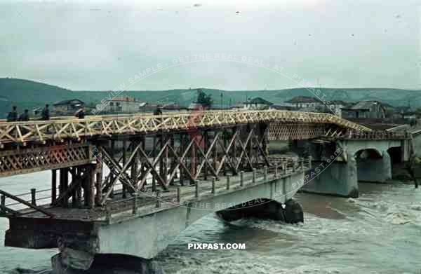 Captured repaired destroyed road bridge river Pioneer unit Greece 1942 wooden construction village