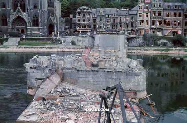 destroyed bridge over the river Maas in Dinant, Belgium 1940