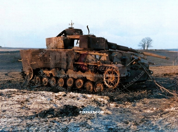 Destroyed late model Panzer IV with steel mesh Drahtgeflecht Schurzen . Siegfried Line Winter 1944