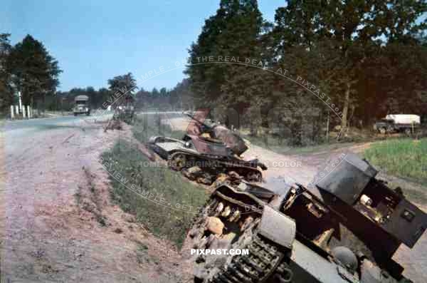 Destroyed Russian T26 Panzer Tank Column, Ukraine, 1941, 94. Infantry Division, Swords, Meissen, Signal corp, trucks,