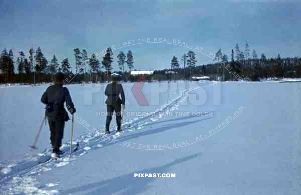 Gebirgsjaeger on skis on frozen lake in Finland 1944