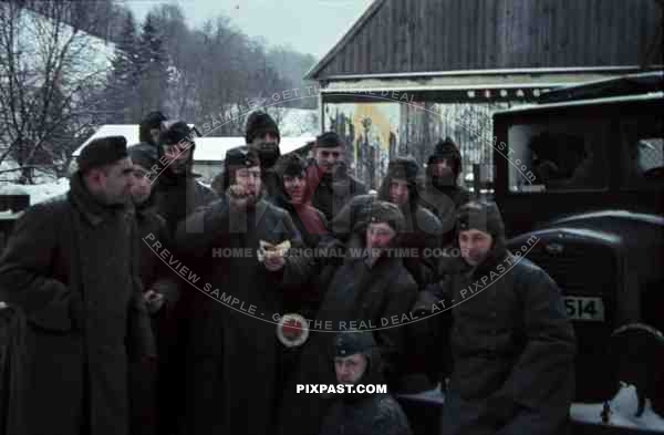 German ambulance red cross Wehrmacht unit farm snow Norway winter 1942 group traffic sign truck lorry cold winter jacket