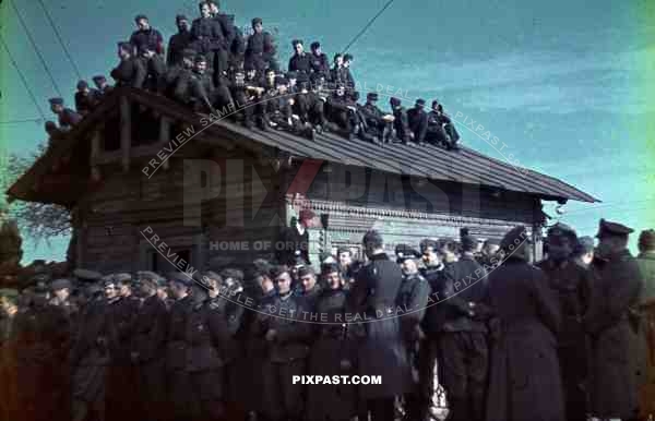 German army soldiers waiting on roof for Adolf Hitlers visit to airport Ukraine 1941 camera