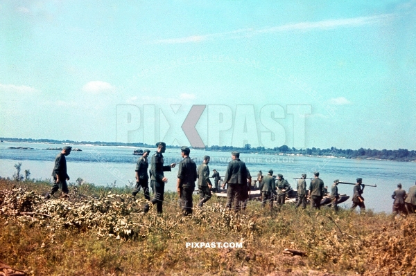German bridge building Pioneer unit construct river bridge over the Dnipro River at Khreshchatyk Ukraine Summer 1941
