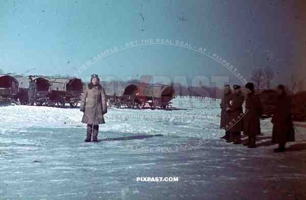 German Color Photo Wehrmacht Army Cavalry Supply Column with horses wagons snow winter Ukraine 1942 winter hat