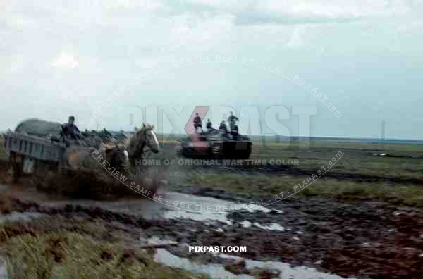 German Horse Wagon pushes through Mud Road, Panzer 3 Stug, September 1941. Poltava, Donez, Ukraine.