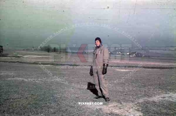 German Luftwaffe Airforce Glider Pilot in flying uniform with leather hat and glooves Lubeck airport 1943