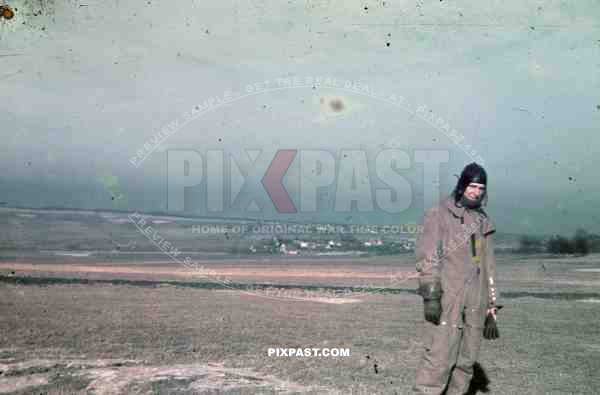 German Luftwaffe Airforce Glider Pilot in flying uniform with leather hat and glooves Lubeck airport 1943