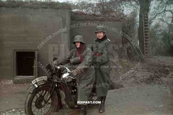 German motorbike Messenger with officer in front of Westwall Bunker. 1939.  14th infantry division. NSU OSL 251 1936