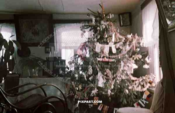 German officers Christmas Tree in Russian cottage, Russian Front 1942.