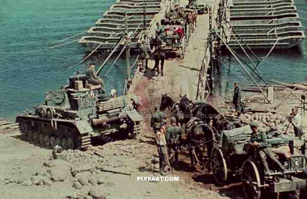 German Panzer 4 beside pontoon bridge. 19th Panzer Division. Russia 1942.