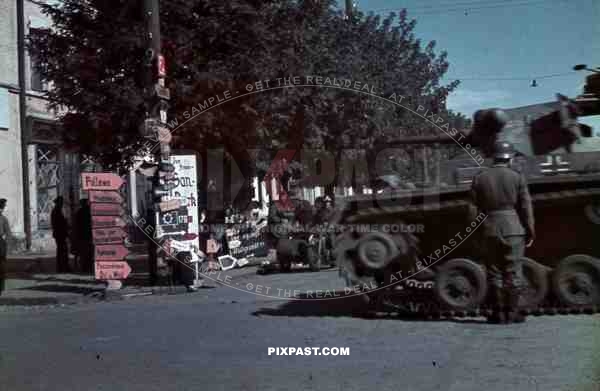 German Panzer mark 3 tank road signs motorbike field police Ukraine town 1943. 9th Panzer Division.