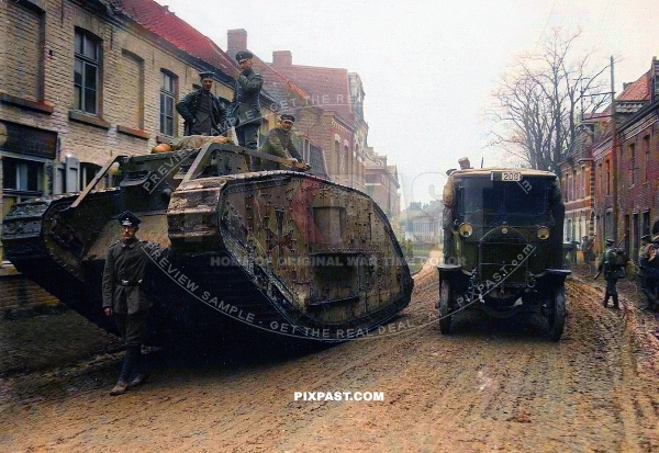 German soldiers onboard a captured British WW1 tank advance to the front. The Battle of Armentieres.France October 1914