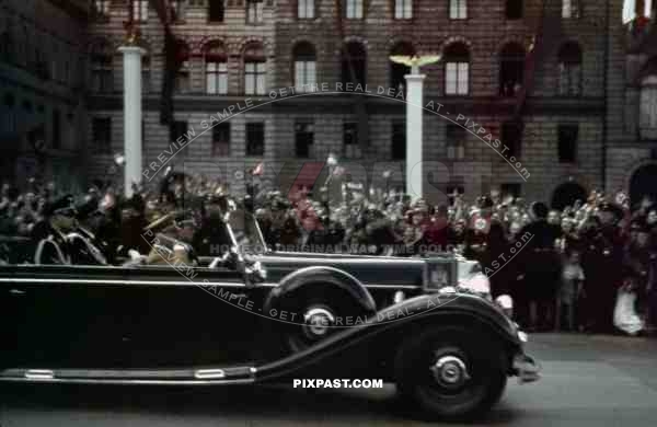 Hitler in his luxury Mercedes Limousine in Berlin 1938. Visit of Benito Mussolini
