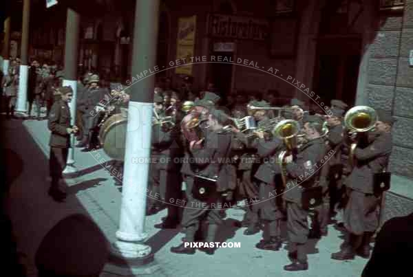 Italian military music band play in train station in Venice, Italy 1943