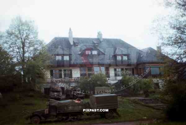 Mechanized troops of the 101st Cavalry Regiment capture Willy Messerschmitt family house in Murnau Bavaria 1945.