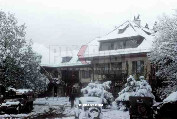Mechanized troops of the 101st Cavalry Regiment capture Willy Messerschmitt family house in Murnau Bavaria 1945.