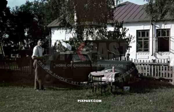 Opel Admiral Cabriolet,  Staff car, Picnic beside school, Ustiluh, Ukraine, Summer 1941, 94. Infantry Division, Meissen,