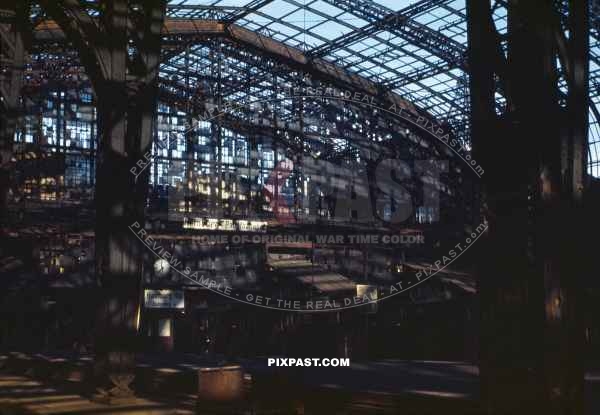 Platform 4 of Hamburg Hbf Hauptbahnhof Main Train Station Germany 1947. Massive war time bomb damage.