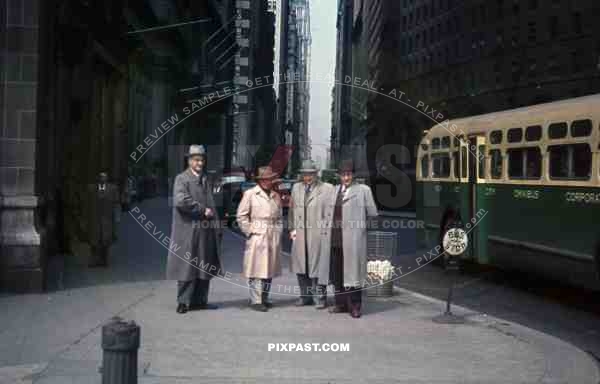 PostW color 1947 Manhattan New York bank sky scrapers bus german tourists