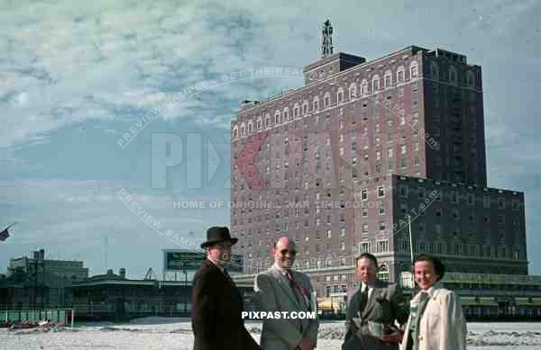 PostW color 1947 New York city factory building german tourists board walk beach