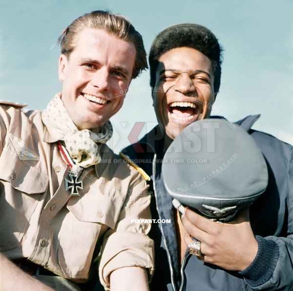 Private off-scene color slide from the War Movie The Star of Africa 1957. Joachim Hansen with Roberto Zerquera Blanco