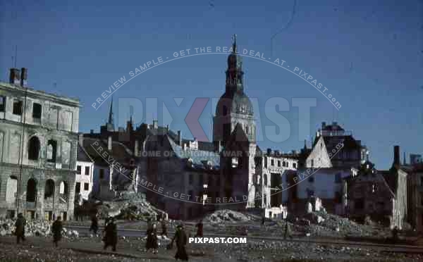 Riga Dom badly destroyed Latvia 1944, market place, burned out shops and houses.