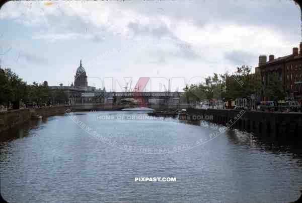 River Liffey, Dublin, Ireland, 1953, Port Habour, Customs House and Dart rail bridge,