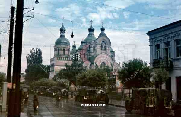 Riwne, Ukraine, 1941, Resurrection Cathedral, 94. Infantry Division, Armoured Vehicles pause for rest.