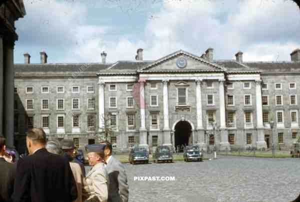 Trinity College Dublin, Ireland, 1953, American tourists inside the main square.