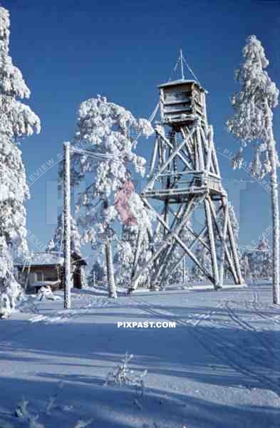 watchtower in snowy landscape, Finland 1944