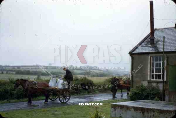 Wicklow Gap, Ireland, 1953, American tourist photograph milk delivery to farm house in country side.
