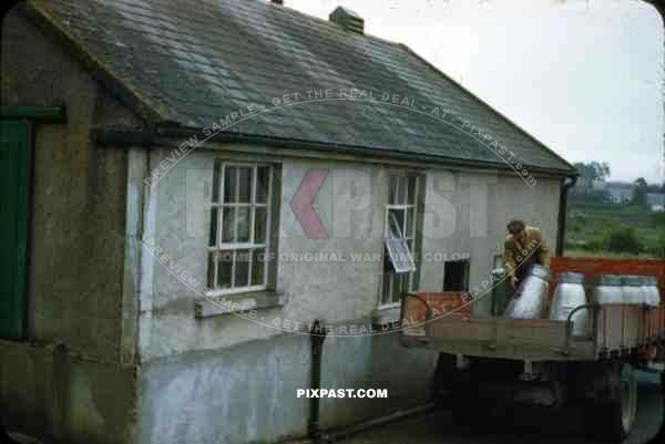 Wicklow Gap Ireland 1953, milk man delivery old Irish cottage, farmer life. red truck,