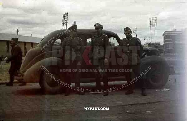 WW2 color 1942 wehrmacht officers captured american staff car belgium 1940 train station 207 Infantry Division
