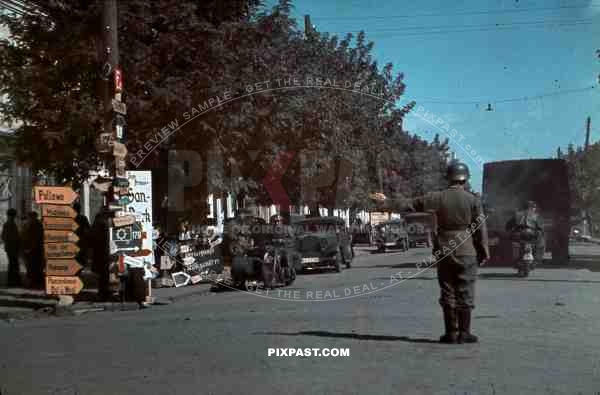 WW2 Color German traffic police road signs motorbike trucks Ukraine town 1941 helmet