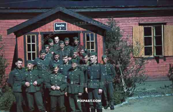 WW2 Color Norway 1940 German military soldiers group portrait Barracks Camp summer 