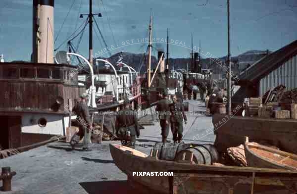 WW2 Color Norway 1940 Shipping Cargo Harbour soldiers petrol supplied Norwegian flag