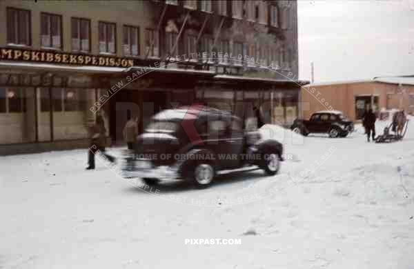 WW2 Color Norway 1940 snow winter bombed town german Military staff cars