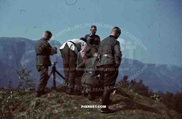 WW2 Color Norway 1941 Wehrmacht officers build observation point, pistol, binoculars, white summer tunic
