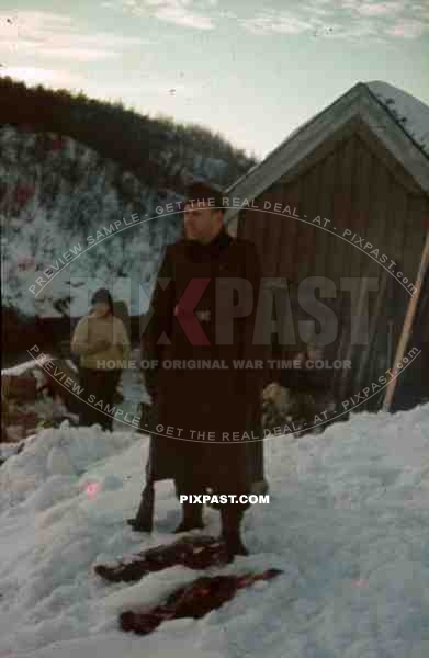 WW2 Color Norway German Infantry wehrmacht soldier with snow skies in Village winter 1940