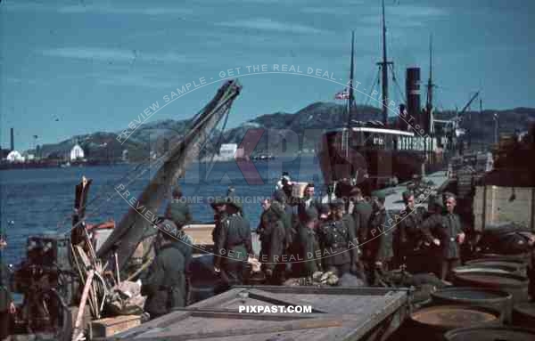 WW2 Color Norway German supply ships harbour cargo cranes petrol flag 1940