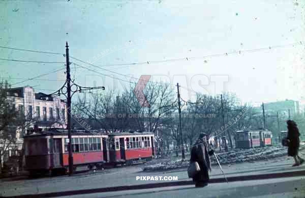 WW2 Color Tram peasants Ukraine town captured 1942