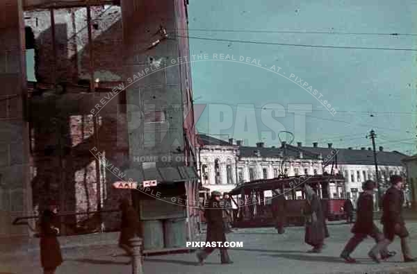 WW2 Color Ukraine Kharkov 1941 Captured city bombed tram, peasents, road signs, destroyed buildings